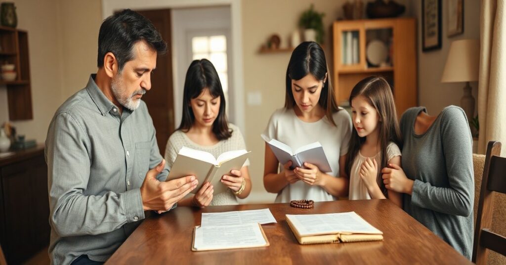 Pobożna katolicka rodzina modli się w tradycyjnym domu, podkreślając moralne aspekty zarządzania finansami zgodnie z nauczaniem Kościoła.