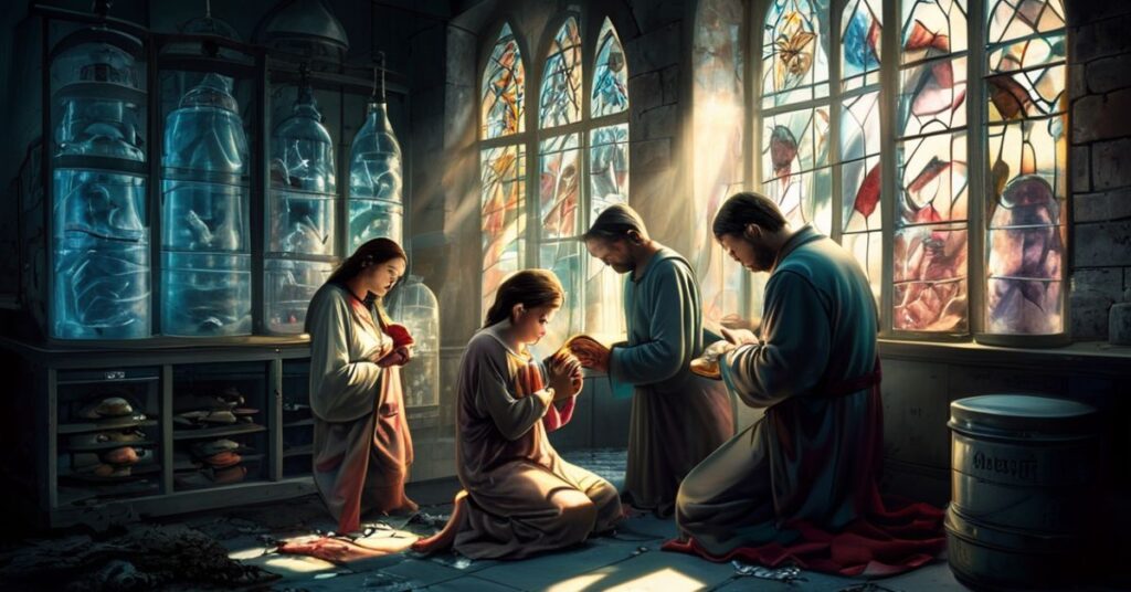 Rodzina modląca się przed laboratorium z zamrożonymi embrionami, symbolizująca moralne zniszczenie artificialnego zapłodnienia