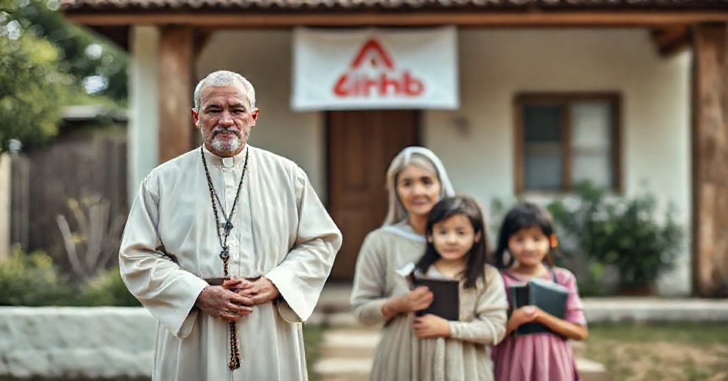 Katolicka rodzina stoi przed domem, symbolizując stabilność rodzinną przeciwko kryzysowi mieszkaniowemu spowodowanemu Airbnb