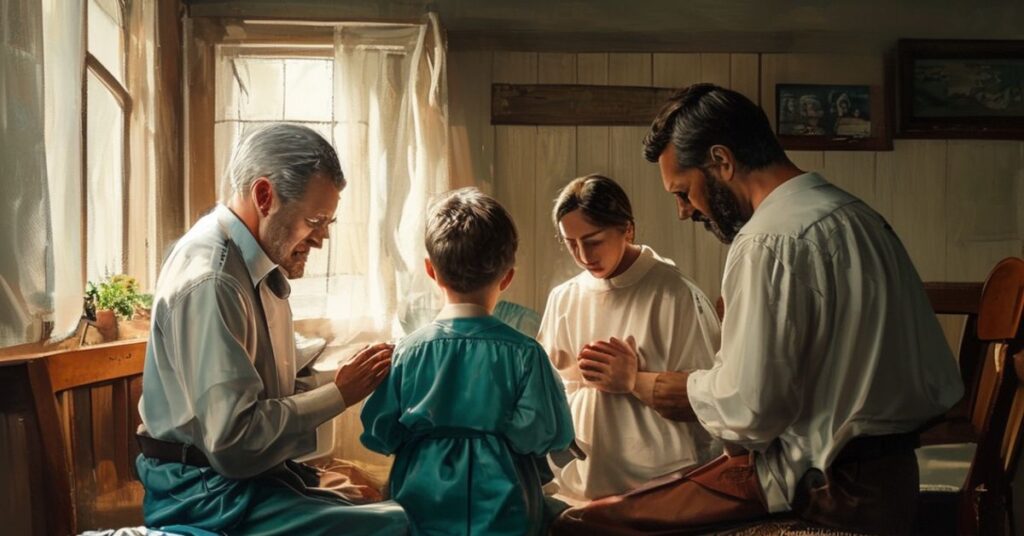 Rodzina katolicka modląca się w tradycyjnym domu, rodzice przewodząc dzieci w oddaleniu od cyfrowych urządzeń.