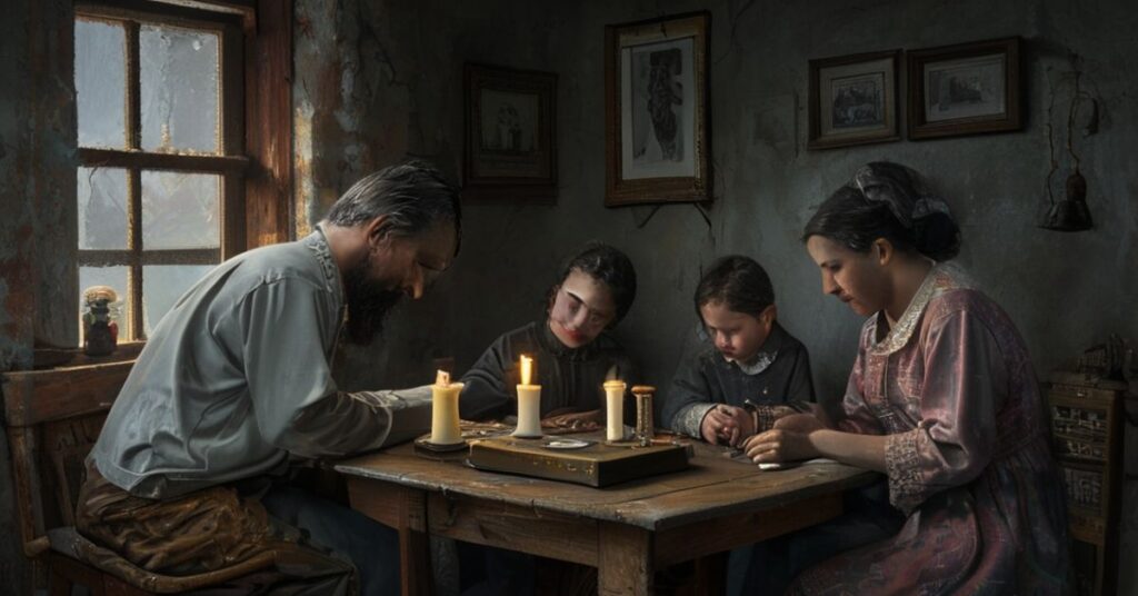 Tradycyjna katolicka rodzina w modnym domu polskim przy ciepłym świetle świec. Ojciec modli się przed krzyżem drewnianym na ścianie