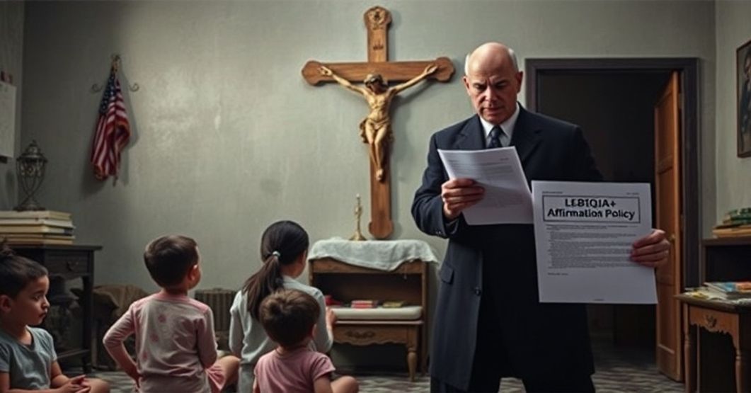 Rodzina katolicka modli się przed krzyżem w obecności urzędnika państwowego trzymającego dokument LGBTQIA+