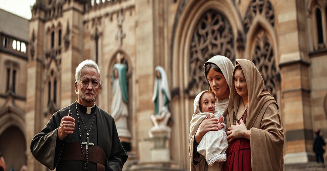 Tradycyjna katolicka rodzina stojąca przed katedrą, symbolizująca wiarę i rodzinę w tradycyjnym katolicyzmie.