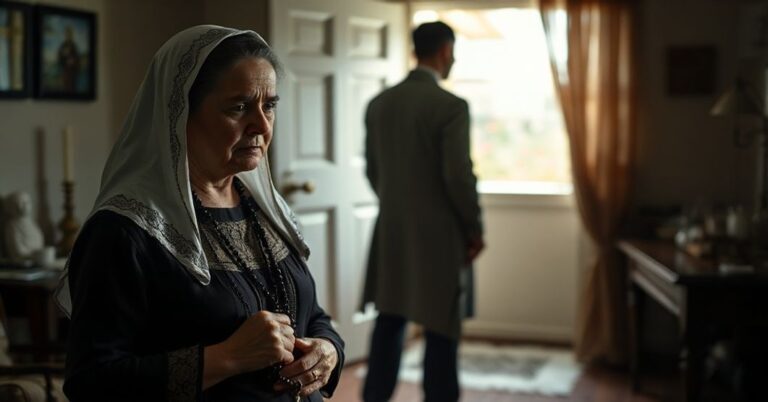 Zdjęcie przedstawiające katolicką rodzinę w kryzysie ze względu na ideologię transpłciową, ukazując opuszczoną matkę w tradycyjnym stroju z różańcem.