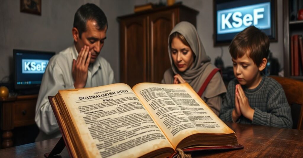 Tradycyjna katolicka rodzina modli się w domowym otoczeniu z otwartym encykliką Piusa XI Quadragesimo Anno na stole.