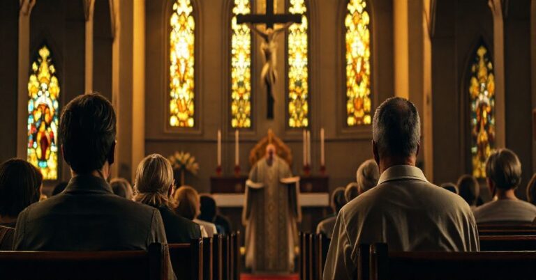 Rodzina katolicka uczestnicząca we Mszy Świętej, symbolizująca obronę wartości tradycyjnego katolicyzmu w obliczu zagrożeń edukacyjnych