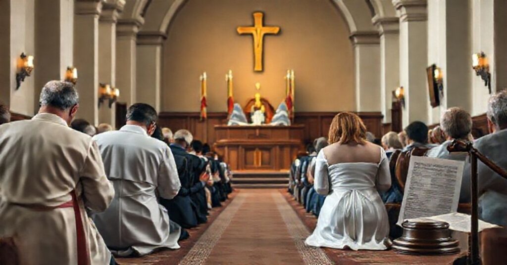 Prawdziwie katolicka rodzina modli się w tradycyjnym kościele, z gawłem sądowym i dokumentami prawymi w tle.