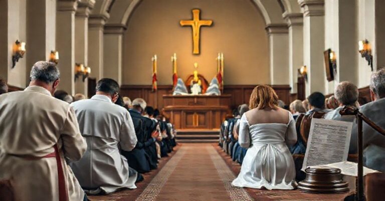 Prawdziwie katolicka rodzina modli się w tradycyjnym kościele, z gawłem sądowym i dokumentami prawymi w tle.