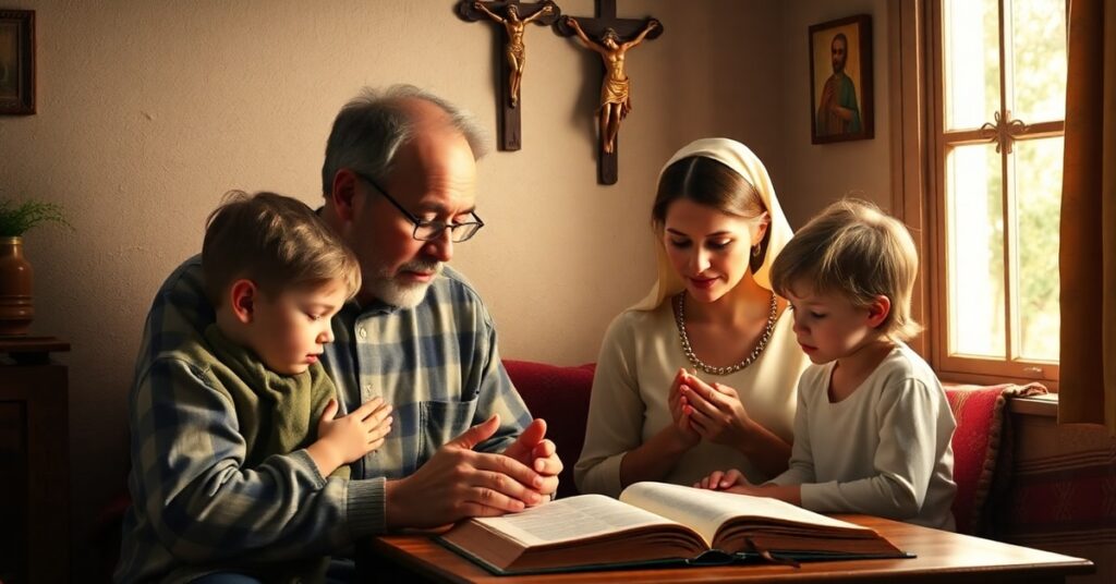 Tradycyjna katolicka rodzina modląca się wspólnie w domu z krzyżem na ścianie i Biblią na stole