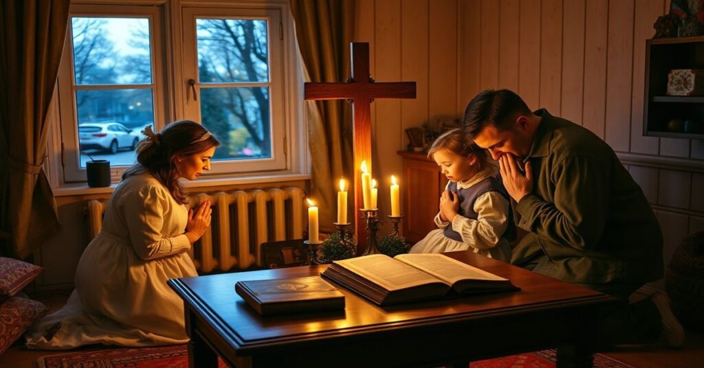 Rodzina katolicka modląca się przed krzyżem w domu 1 maja 2026 roku