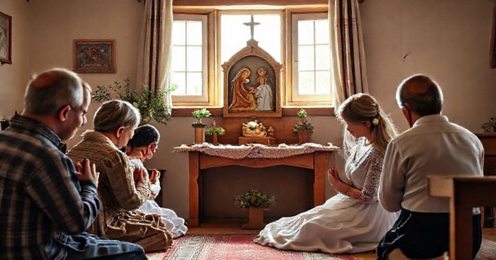 Tradycyjna katolicka rodzina modli się przed domowym ołtarzykiem z obrazem Świętej Rodziny. Scena jest ustawiona w tradycyjnym domu polskim z naturalnym światłem i przytulną atmosferą.