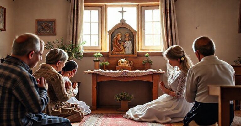 Tradycyjna katolicka rodzina modli się przed domowym ołtarzykiem z obrazem Świętej Rodziny. Scena jest ustawiona w tradycyjnym domu polskim z naturalnym światłem i przytulną atmosferą.