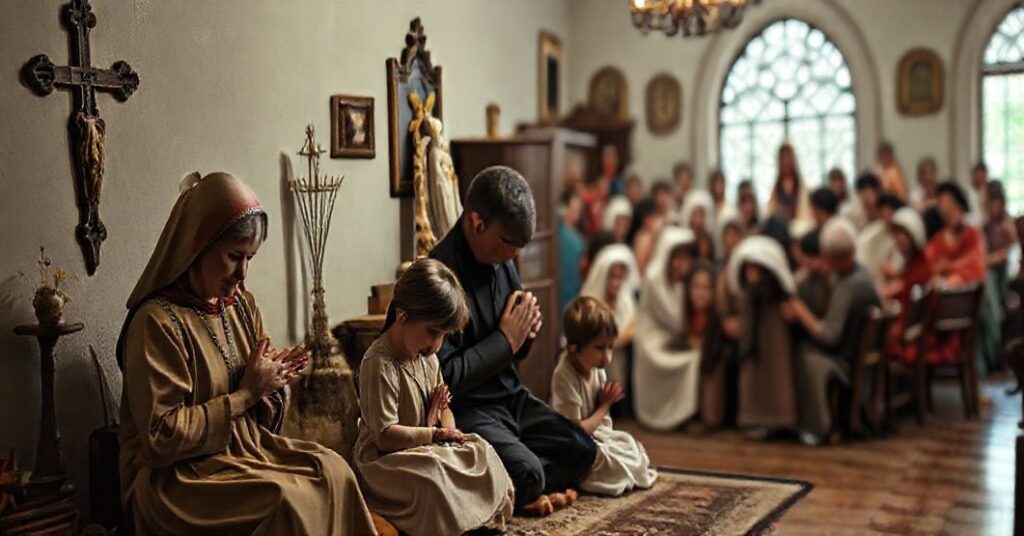 Tradycyjna rodzina katolicka modli się w domu w kontrastcie z chaotycznym zgromadzeniem w Licheniu