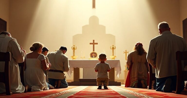 Rodzina katolicka modli się przy ołtarzu przed przebraną szkołą promującą ideologię gender.