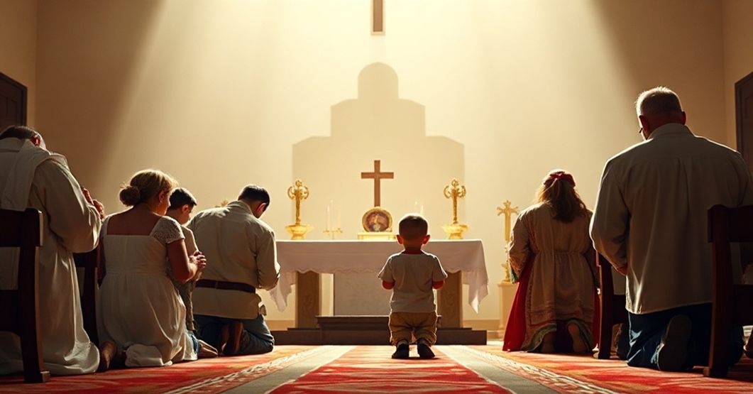 Rodzina katolicka modli się przy ołtarzu przed przebraną szkołą promującą ideologię gender.