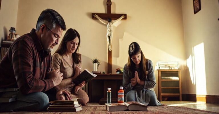 Rodzina katolicka modli się przed krzyżem, otoczona książkami medycznymi i butelką Tylenolu, z child with autism in the background, symbolizującą moralne i duchowe wymiar problemu autyzmu.