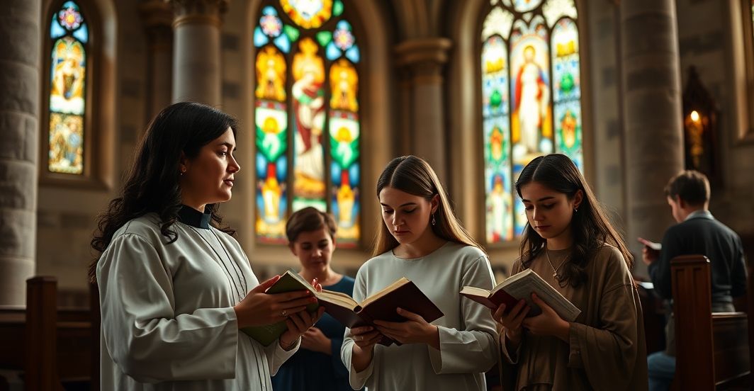 Rodzina katolicka modląca się w kościele, wyraz głębokiej modlitwy i moralnej determinacji, symbolizująca obronę wartości chrześcijańskich wobec zagrożeń ideologii gender