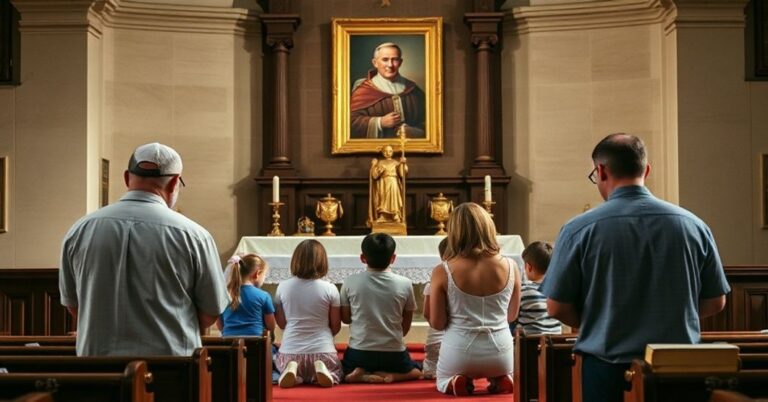 Rodzina katolicka modli się w kościele przed ołtarzem z portretem Piusa XI i Summą Teologiczną św. Tomasza z Akwinu