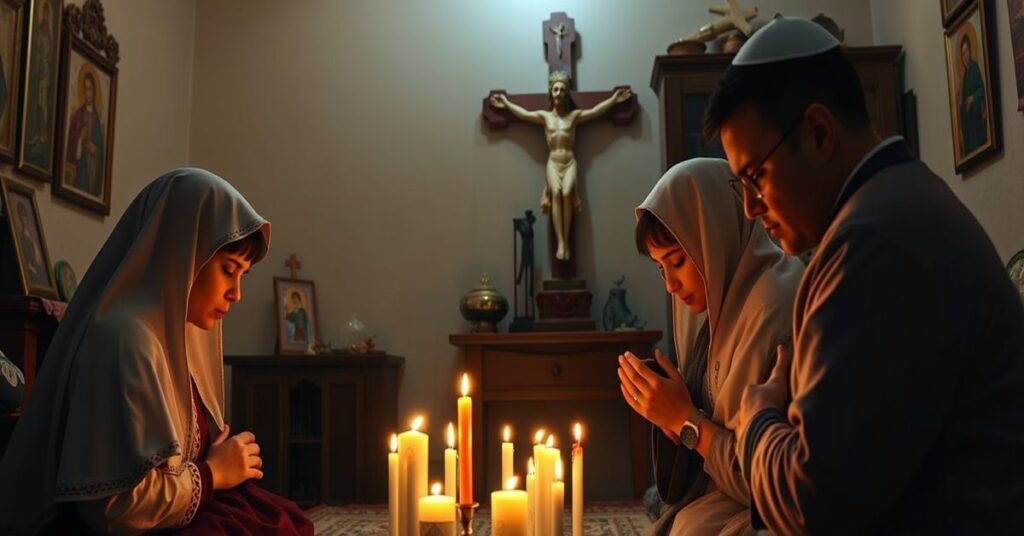 Rodzina katolicka w tradycyjnych strojach żałobnych modli się przed krucyfiksem po śmierci nieskazanych dzieci na Zachodnim Brzegu.