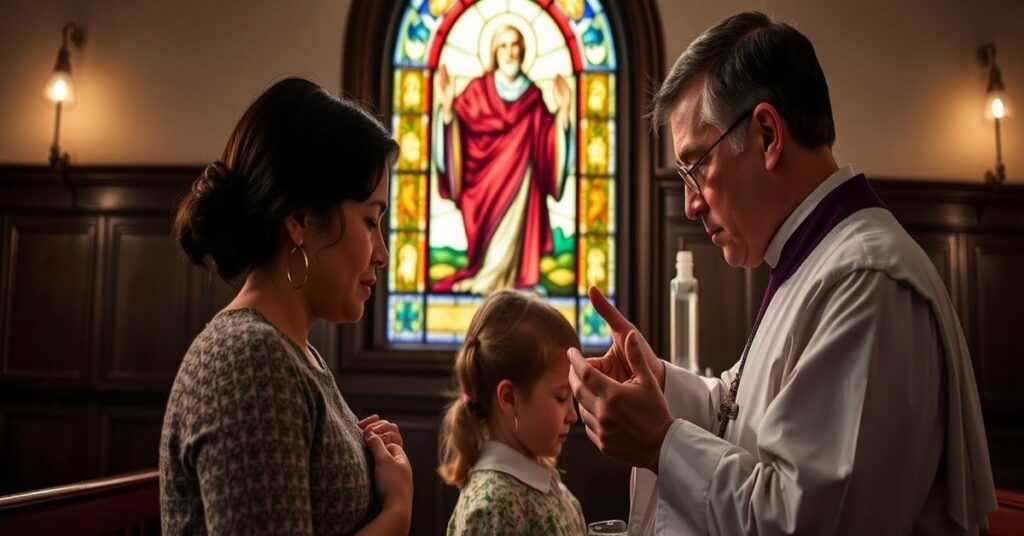Zdjęcie przedstawiające katolicką rodzinę modląca się w kaplicy po tragedii w Rhode Island. Przedstawia matkę i dzieci w żałobie oraz księdza błogosławiącego ich wodą święconą przed witrażem Chrystusa Króla.