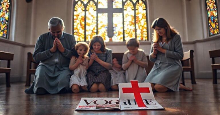 Tradycyjna katolicka rodzina modli się w kaplicy z czasopismem Teen Vogue z przekreśleniem na podłodze