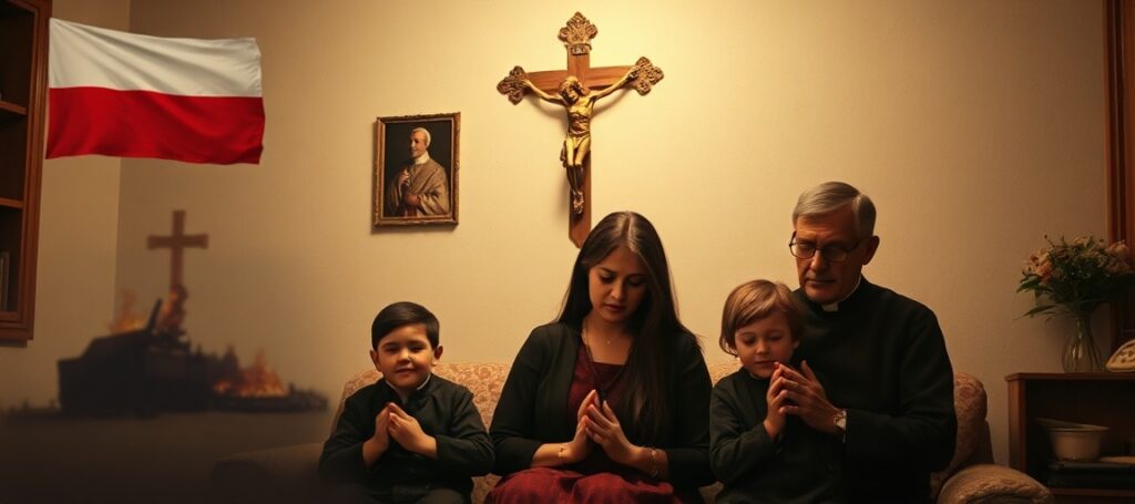 Tradycyjna katolicka rodzina modli się razem w domu z krzyżem i zdjęciem Papieża Piusa XI na tle palącej się fladze UE.