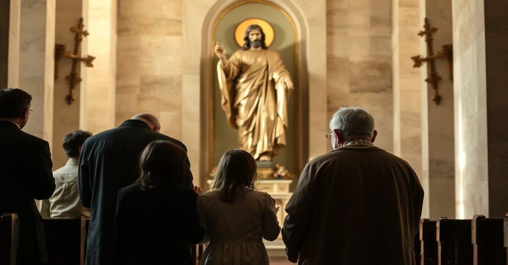 Modląca się katolicka rodzina przed posągiem Chrystusa Króla w kaplicy, medytując nad kryzysem demograficznym i odrzuceniem porządku Bożego