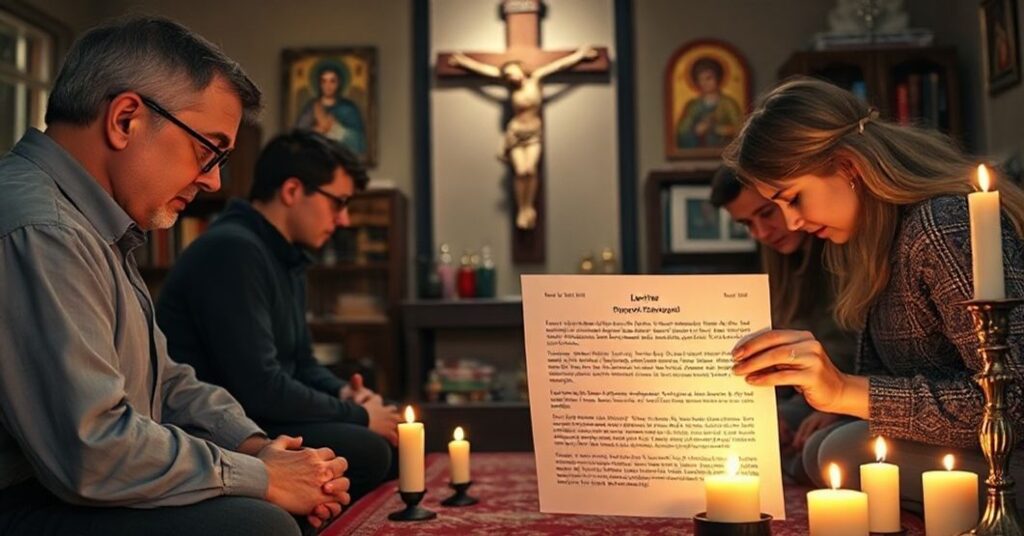 Katolicka rodzina modli się przed krucyfiksem z obawą o edukację dzieci