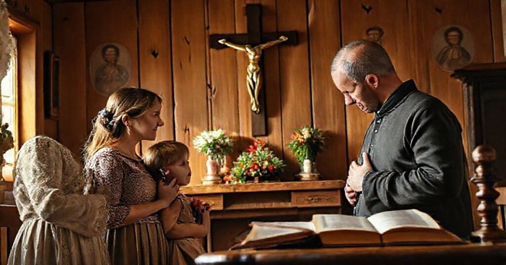 Tradycyjna katolicka rodzina modli się przed krzyżem w pokoju domowym