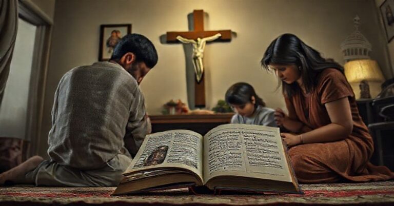 Tradycyjna katolicka rodzina modli się przed krzyżem w pokoju domowym