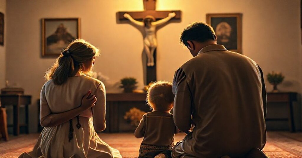 Reklama tradycyjnej rodziny katolickiej modlącej się przed krzyżem w pokojnym domowym wnętrzu.