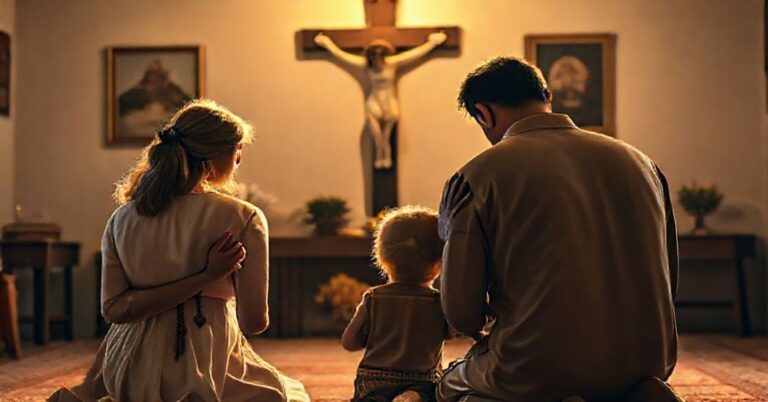 Reklama tradycyjnej rodziny katolickiej modlącej się przed krzyżem w pokojnym domowym wnętrzu.