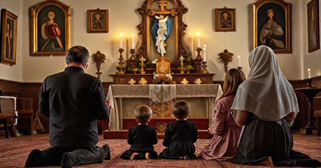 Tradycyjna katolicka rodzina modli się przed ołtarzem w domowym kaplicy.