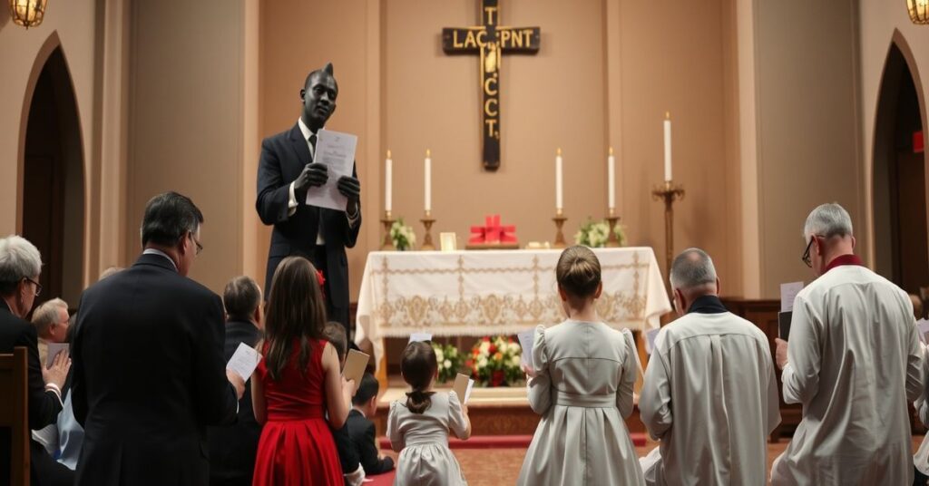 Rodzina katolicka modląca się przed ołtarzem Mszy św. w stylu trydenckim; w tle biurokrata z dokumentami reprezentuje atak państwa na wolność edukacji domowej.