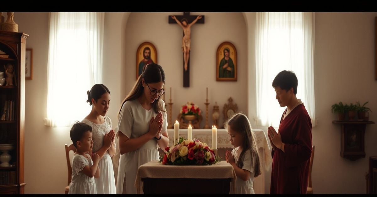 Pokorny katolicki rodzina modląca się przed starym ołtarzem z widocznym blaskiem w tabernakulum, symbolizującym nadprzyrodzoną łaskę potrzebną do prawdziwego uzdrowienia.