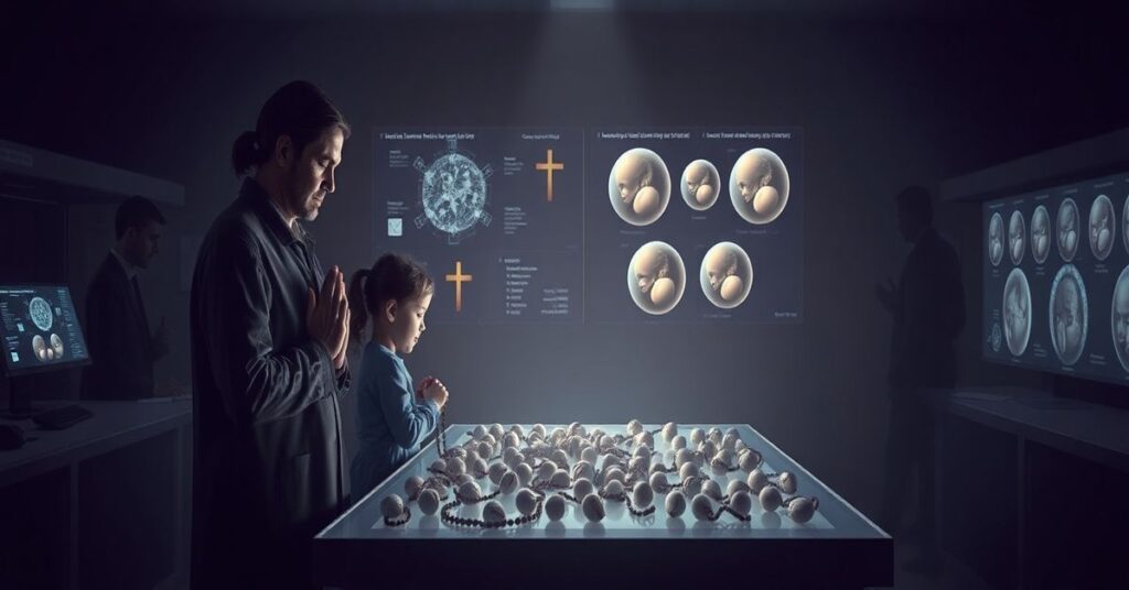 Przykład moralnego upadku: rodzina katolicka modli się przed porzuconymi embrionami w laboratorium IVF.