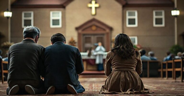 Rodzina katolicka modli się przed ołtarzem przed szkołą publiczną, z troską na twarzach rodziców w związku z ideologicznym przekształcaniem ich córki.