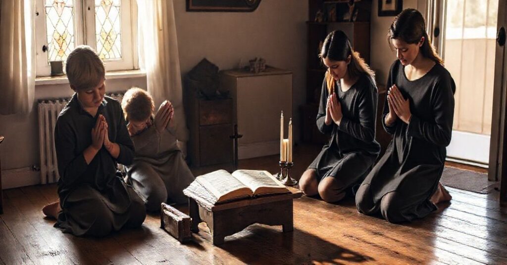 Tradycyjna katolicka rodzina modli się razem w prostym domu, podkreślając świętość życia rodzinnego jako Ecclesia domestica.