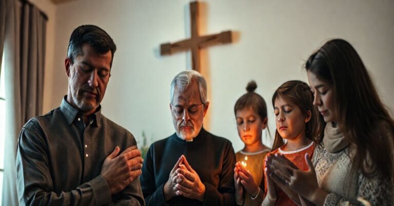 Tradycyjna katolicka rodzina modliąca się razem w domu, z subtilnym krzyżem na tle, podkreślającą ducha katolickiej rodziny i wiary.