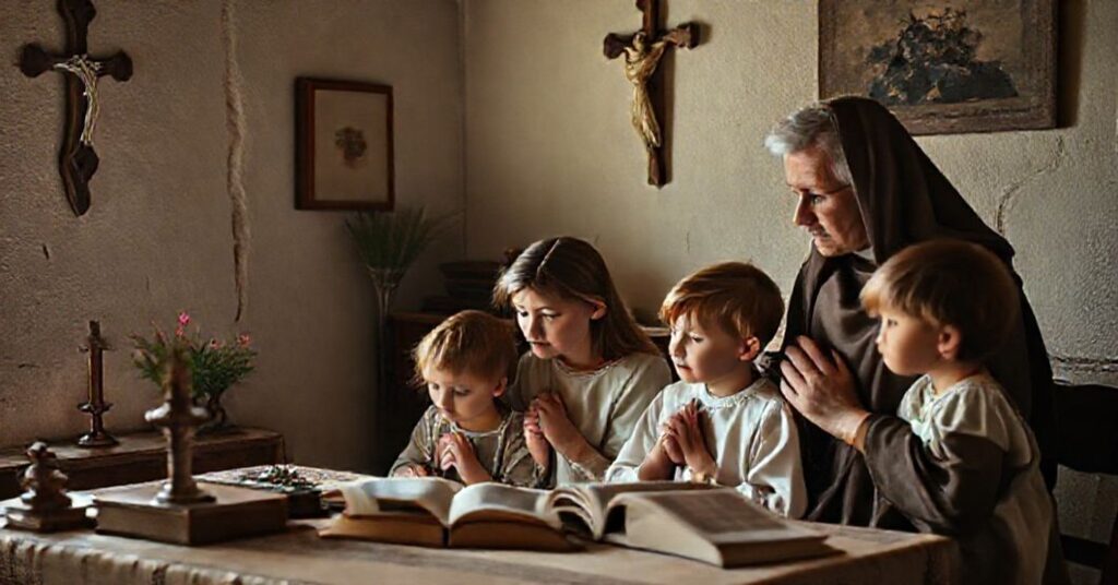 Tradycyjna katolicka rodzina modląca się razem w domu z krzyżem na ścianie i książkami religijnymi na stole