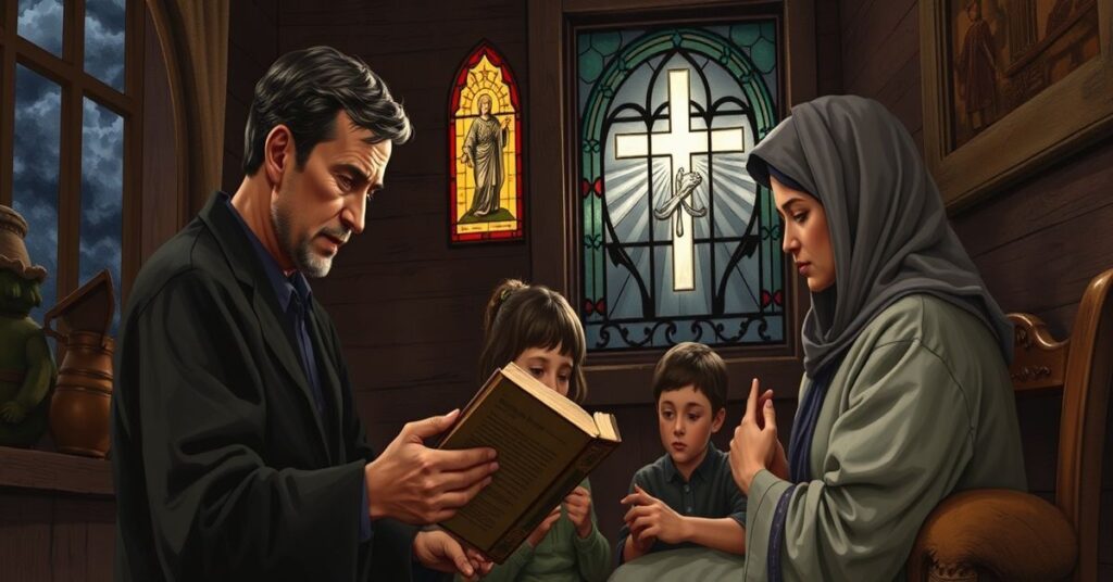 Tradycyjna katolicka rodzina modli się razem w domu w 2026 roku podczas burzy symbolizującej ekonomiczny i moralny kryzys.