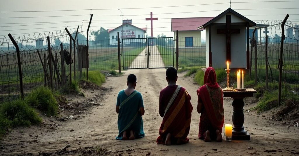 Tradycyjna katolicka scena w wiosce w Bangladeszu przedstawiająca rodzinę Mity Corray i Rine Gomes modlącą się przed ołtarzem z krzyżem i świecami, z zamkniętym przejściem granicznej na tle.