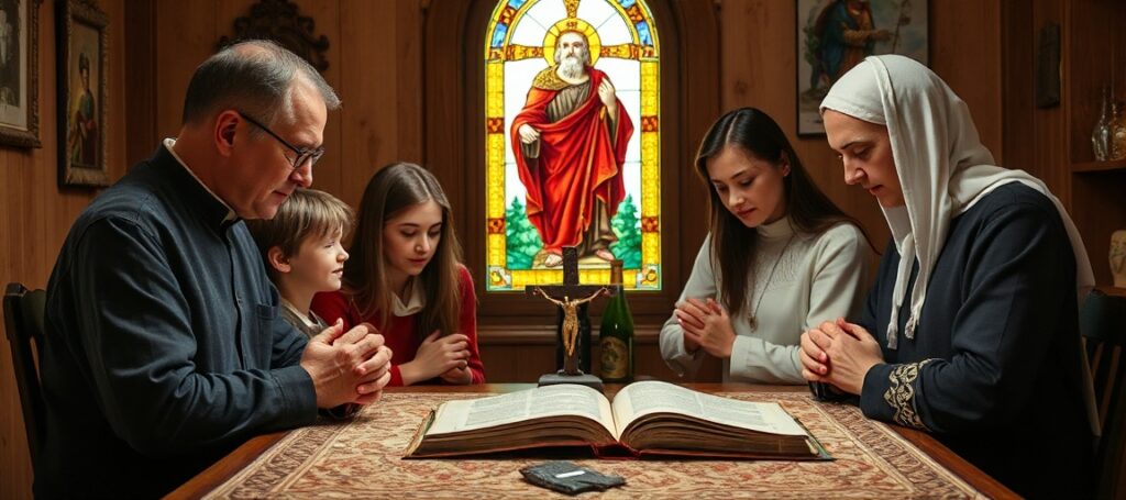 Rodzina katolicka modli się razem w tradycyjnym polskim domu z krzyżem i Biblią na stole
