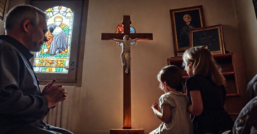 Modląca się katolicka rodzina w tradycyjnym domowym wnętrzu z krzyżem i ikonami świętych.