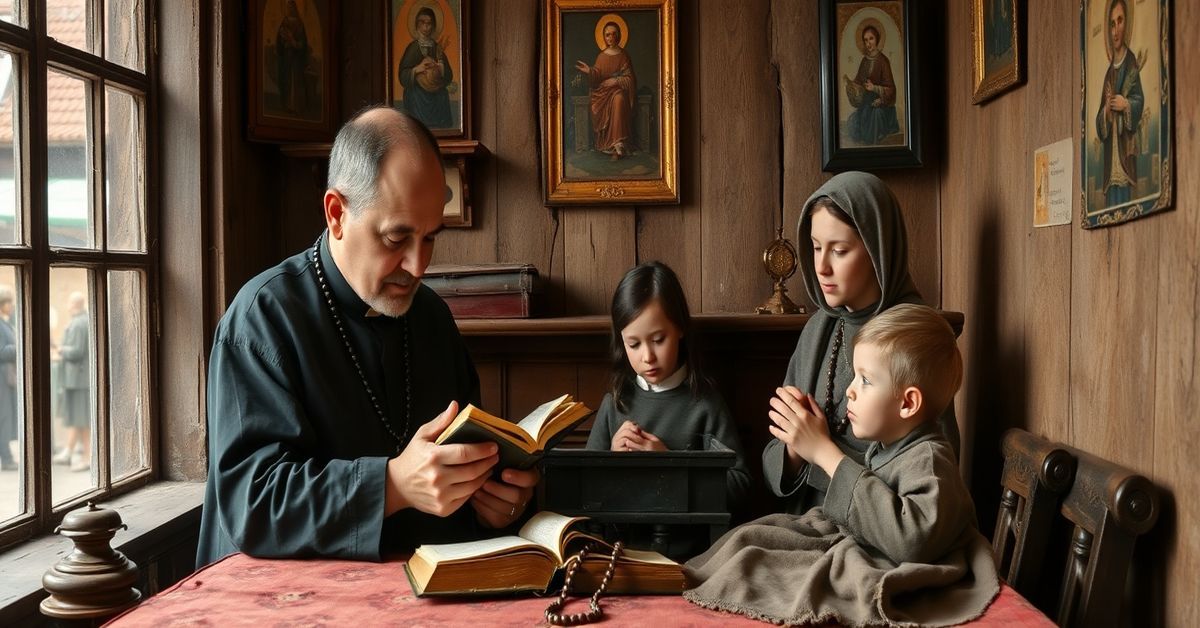 Rodzina katolicka modli się w tradycyjnym domu z XIX wieku w tle Lubeki.