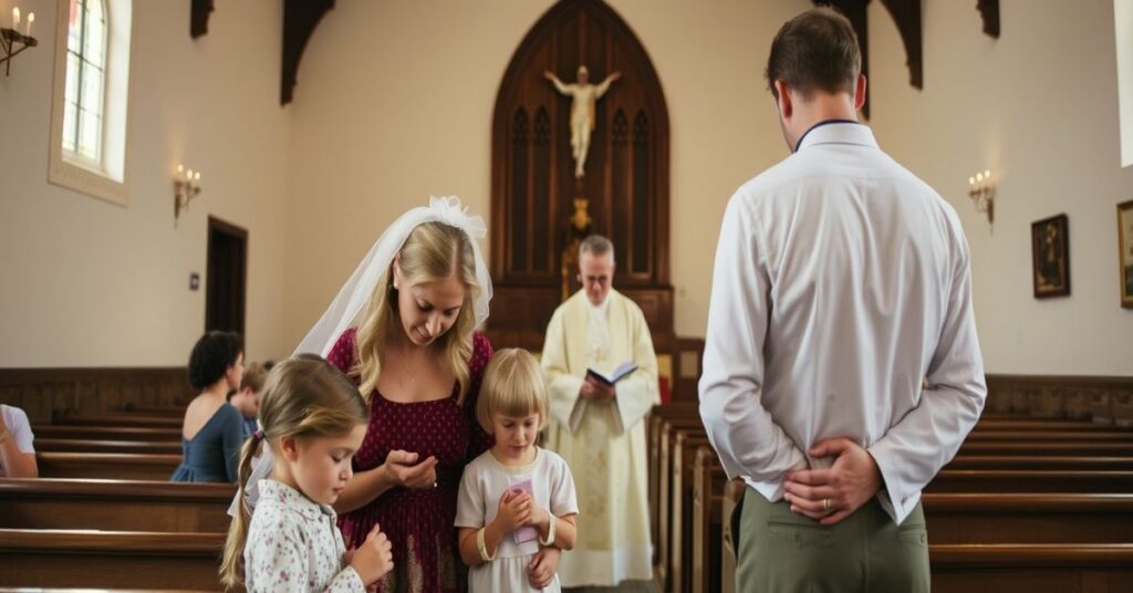 Tradycyjna katolicka rodzina modli się w kaplicy, podkreślając świętość małżeństwa i rodziny. Katy Faust i Jim Daly na tle, majestatycznie obserwujący.