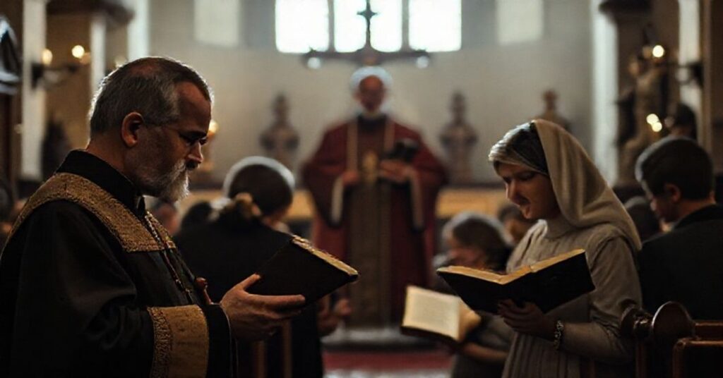 Tradycyjna katolicka rodzina modli się w kościele z tajemniczymi postaciami w tle.