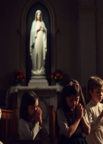 Zdradzieckie podejście do aborcji - katolicka perspektywa Tradycyjna katolicka rodzina modli się w ciemnym kościele, zwracając się ku Maryi w sprzeciwie wobec politycznego zdradzieckiego podejścia do aborcji.