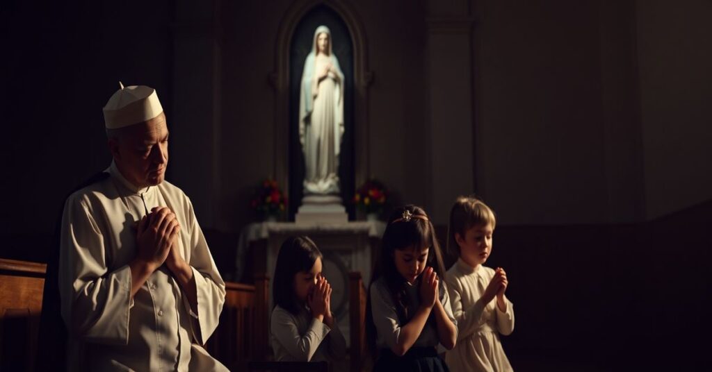Tradycyjna katolicka rodzina modli się w ciemnym kościele, zwracając się ku Maryi w sprzeciwie wobec politycznego zdradzieckiego podejścia do aborcji.