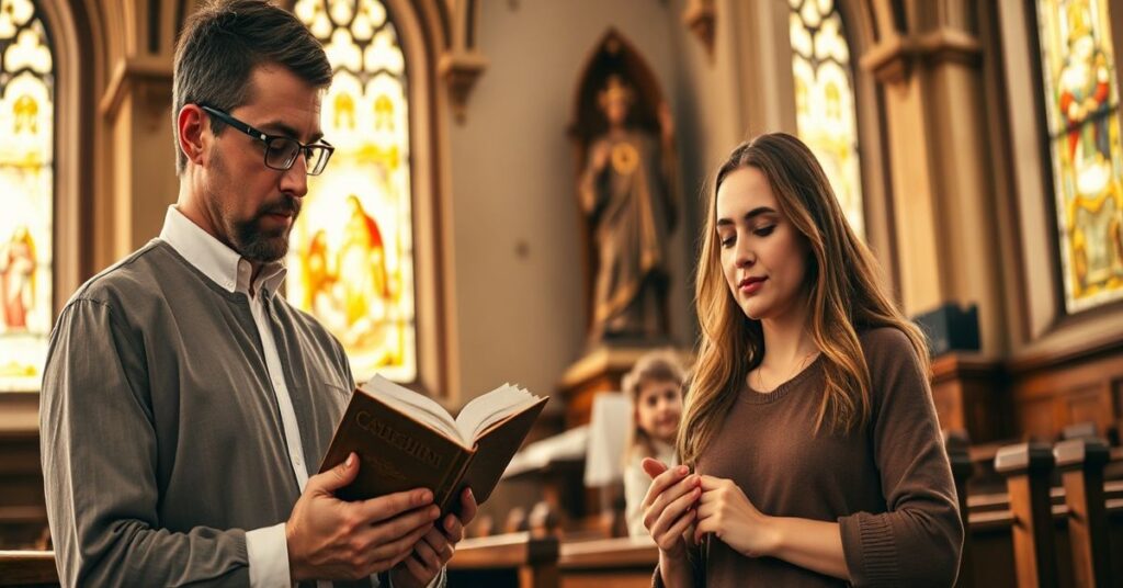 Tradycyjna katolicka rodzina modli się razem w polskim kościele gotyckim z ołtarzem i witrażami